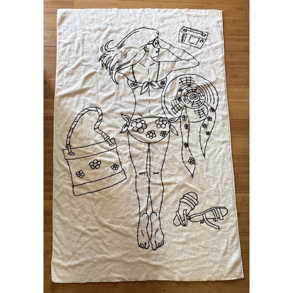 Vtg Handpainted Beach Towels Lady & Man Sunbathing Oversized Off White *read*